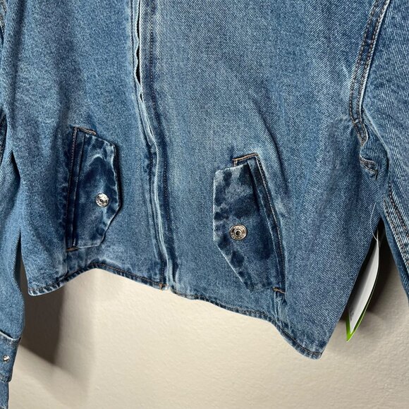 Sam Edelman Mesa High-Pile Fleece Collar Zip-Up Crop Denim Moto Jacket XS - Picture 4 of 11